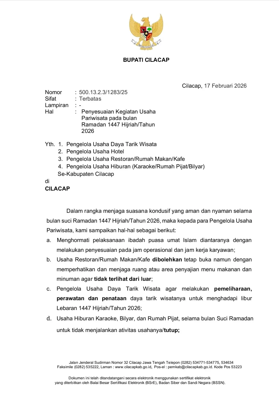 Surat edaran pariwisata ramadan 1447h 2026 cilacap