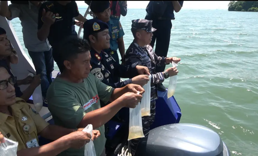 Lanal Cilacap dab PSDKP melepasliarkan ribuan benih lobster ke Laut Nusakambangan. (Lanal Cilacap).