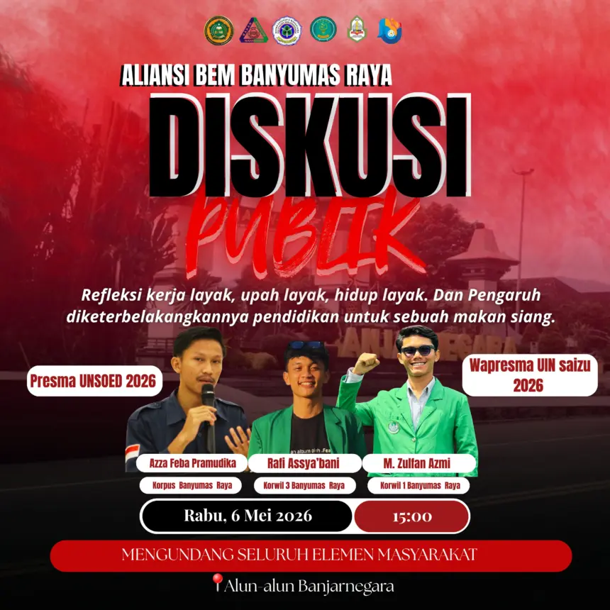 Leaflet ajakan diskusi publik untuk rakyat Banjarnegara, 6 Mei 2026. (Dok: Aliansi BEM Banjarnegara).