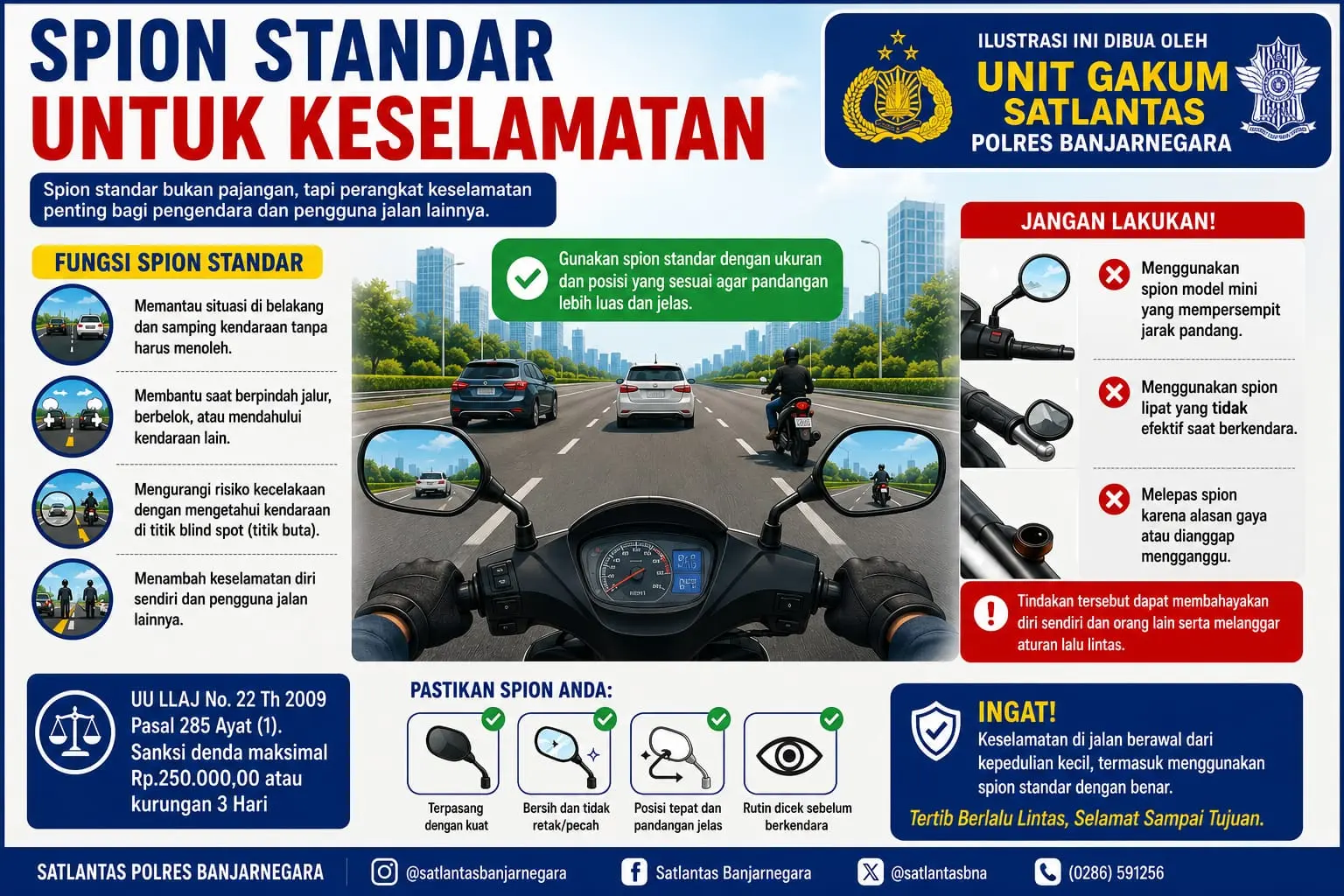 Polres Banjarnegara Ingatkan Pengendara: Spion Bukan Pajangan, Copot Spion Bisa Didenda Rp 250 Ribu
