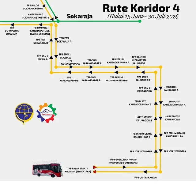 Rute lengkap pengalihan Trans Banyumas Koridor 4 yang dialihkan menuju Kaliori. (Instagram @trans.banyumas)